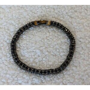 Dainty Gothcore Black Prong Set Rhinestone Gunmetal Bead Ball Bracelet 7.5 in